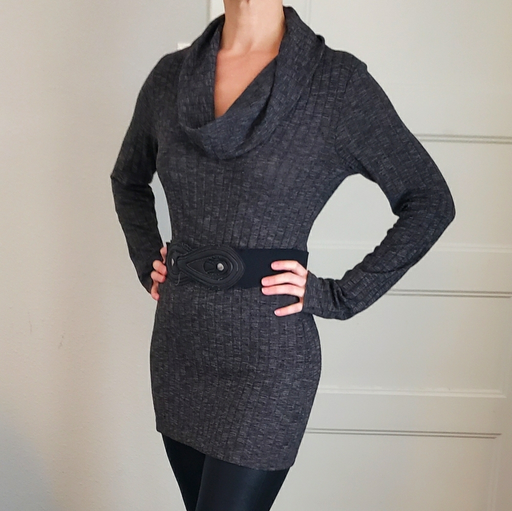 Gray stretchy cowl neck bodycon sweater dress